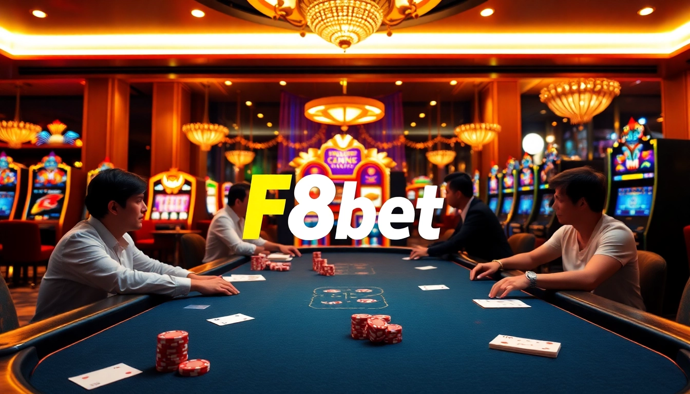 F8bet poker players strategizing their next move in an energetic casino setting.