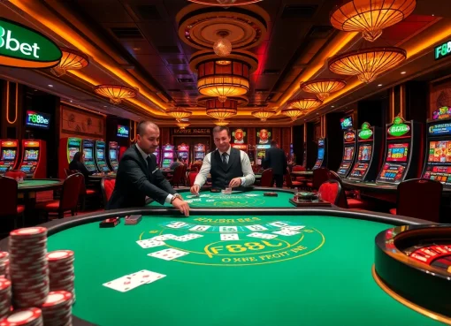 Players enjoying an exhilarating game at F8Bet casino, surrounded by vibrant tables and slot machines.