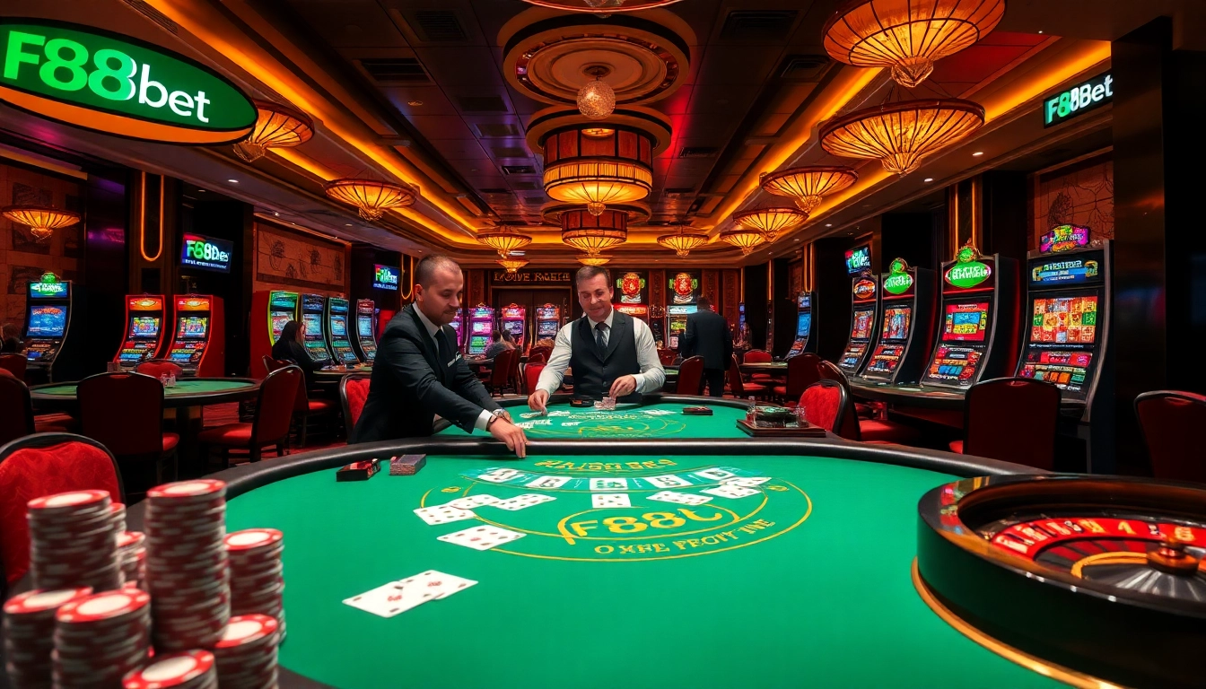 Players enjoying an exhilarating game at F8Bet casino, surrounded by vibrant tables and slot machines.