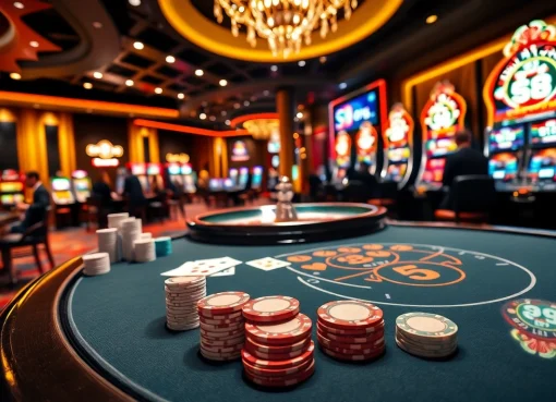Engage in high-stakes poker action at s8 org with vibrant chips and illuminated casino ambiance.