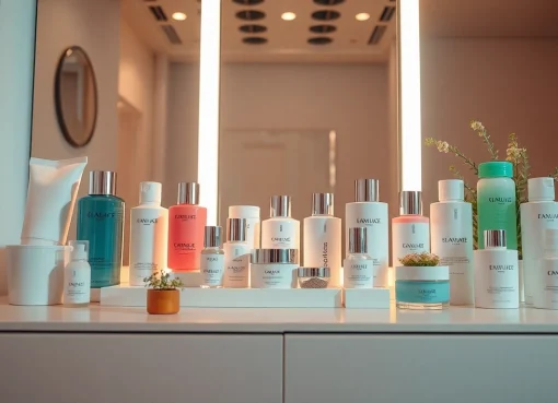 Koreansk hudvård online-produkter som visas på ett elegant sminkbord, med färgglada hudvårdsflaskor i en mjuk pastellmiljö.