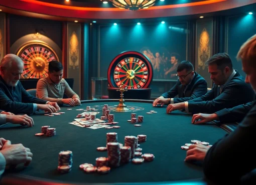 Players engaged in a high-action lc88 bet poker game with chips and cards on the table.