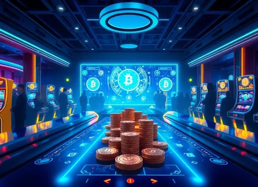 Les jeux dans un casino crypto moderne avec des jetons numériques brillants et des lumières néon.