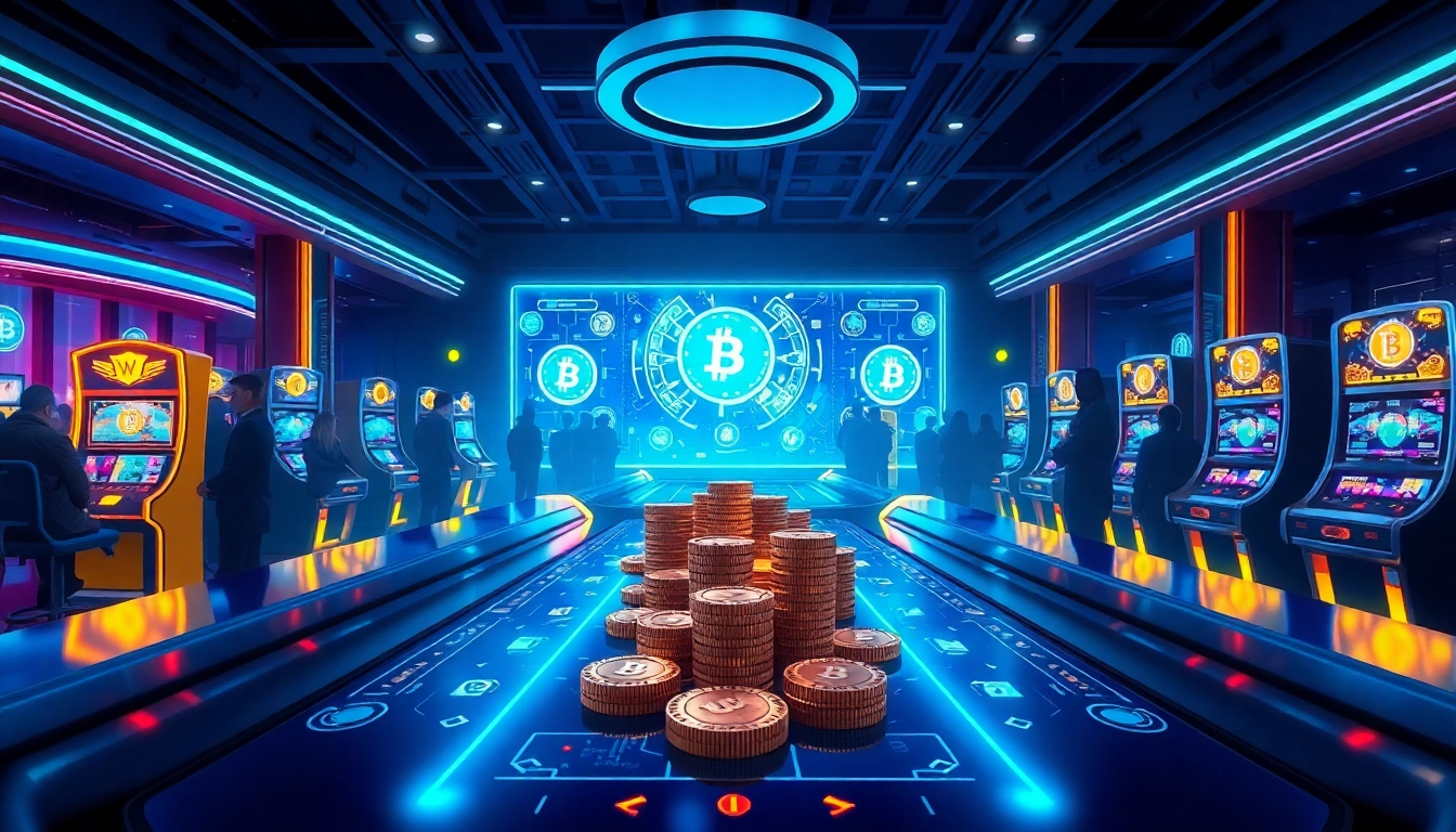 Les jeux dans un casino crypto moderne avec des jetons numériques brillants et des lumières néon.