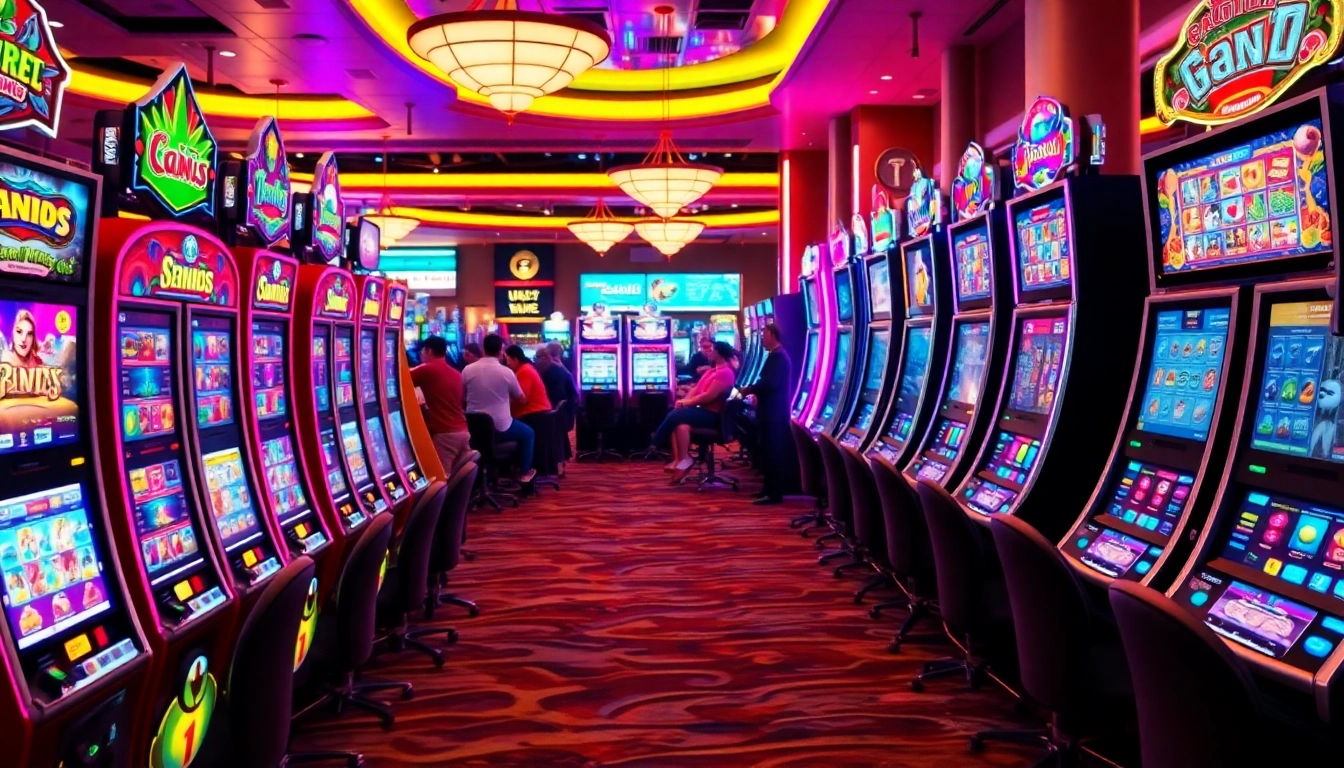 Jouer aux machines à sous en ligne dans un casino animé avec des machines colorées.