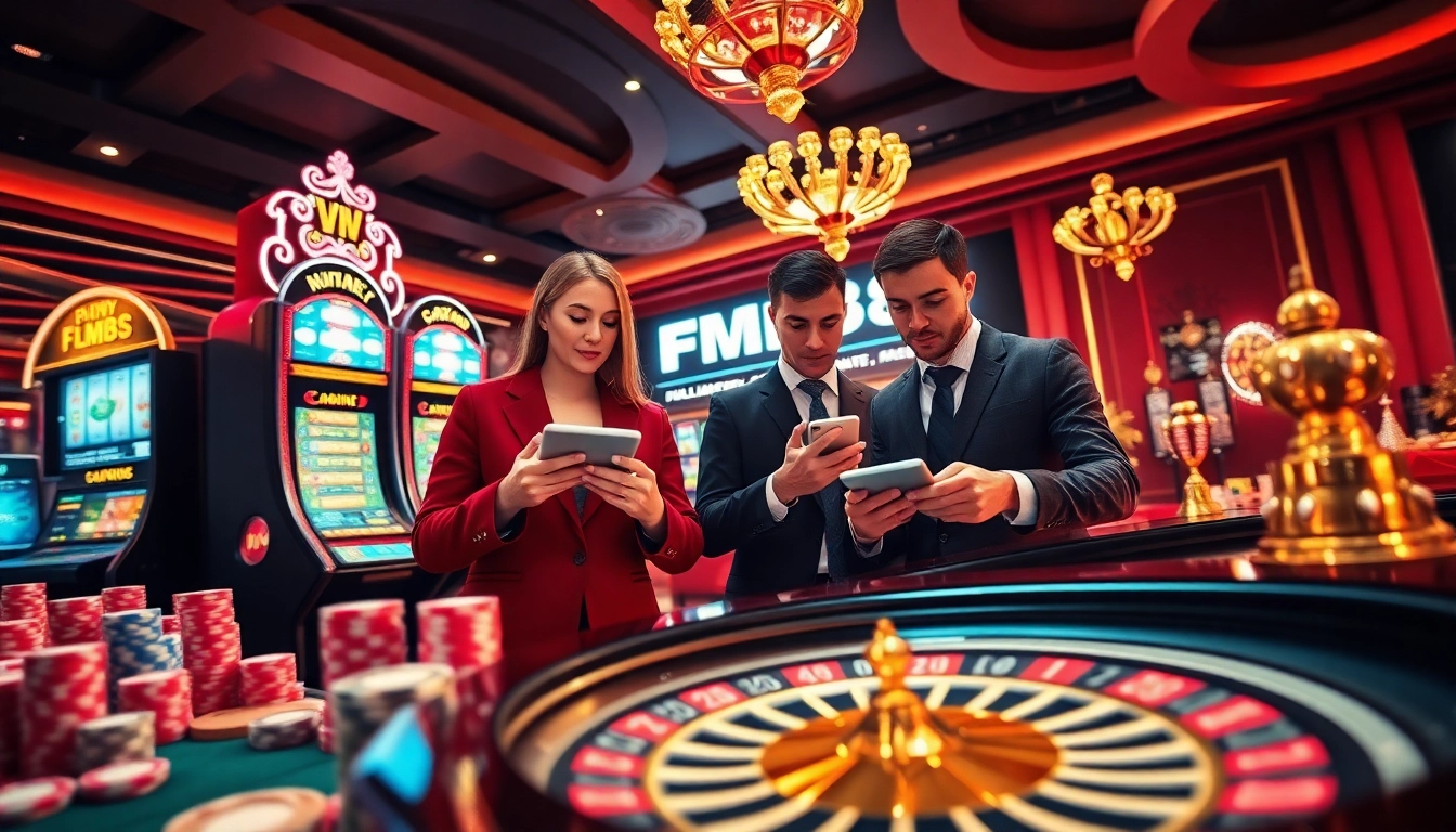 Players engaging with FM88 casino games, showcasing excitement and vibrant atmosphere.