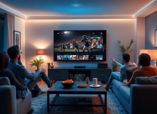 Family enjoying Iron TV Pro's IPTV service in a cozy living room setting with a large television.