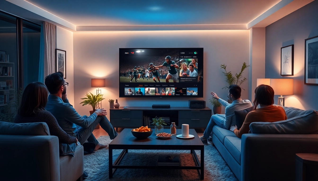 Family enjoying Iron TV Pro's IPTV service in a cozy living room setting with a large television.