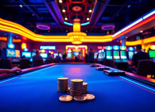 Casino crypto: Joueurs engagés à une table de poker moderne utilisant des jetons numériques.