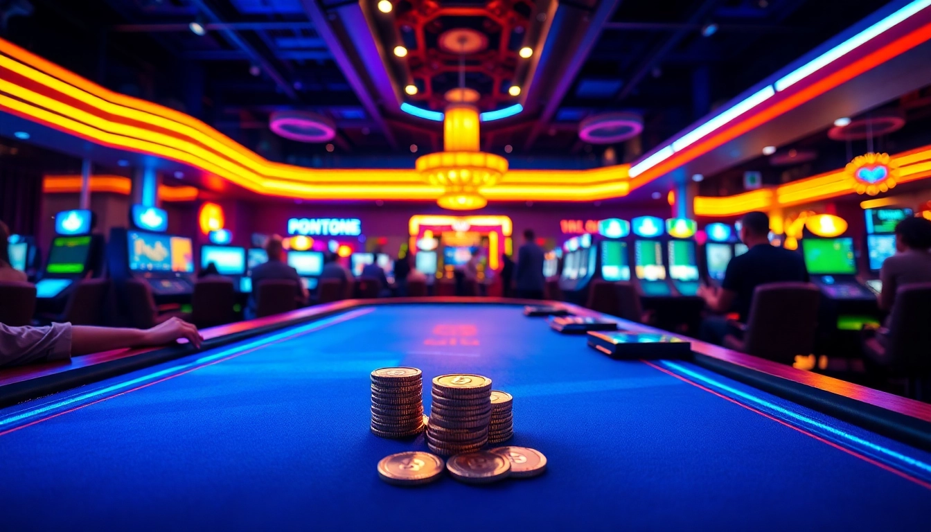 Casino crypto: Joueurs engagés à une table de poker moderne utilisant des jetons numériques.