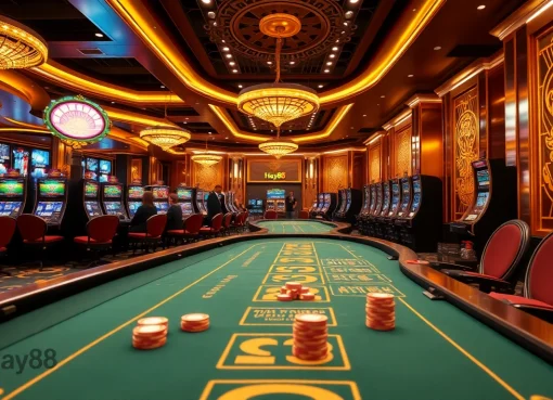 Players enjoy thrilling games at Hay88's luxurious casino environment with live dealers and vibrant tables.