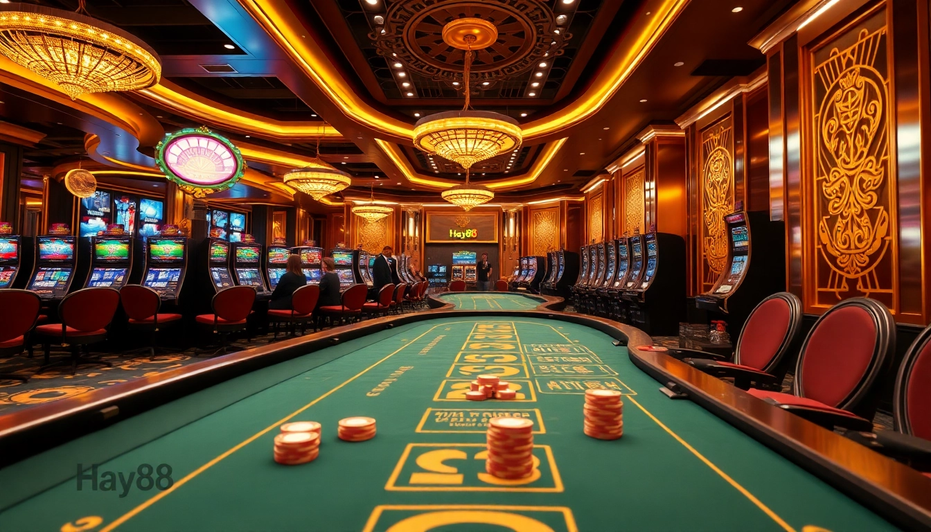 Players enjoy thrilling games at Hay88's luxurious casino environment with live dealers and vibrant tables.