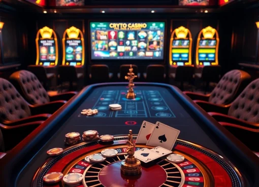 Winning at crypto casinos with vibrant chips and slot machines in a luxurious setting.