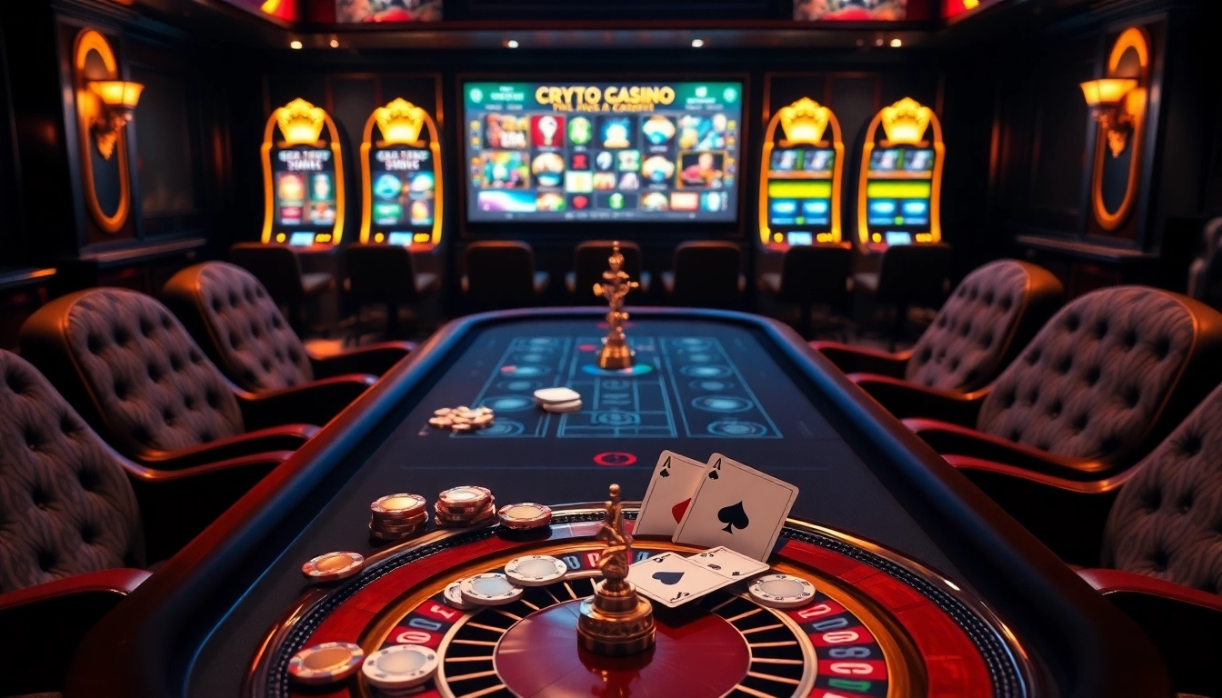 Winning at crypto casinos with vibrant chips and slot machines in a luxurious setting.