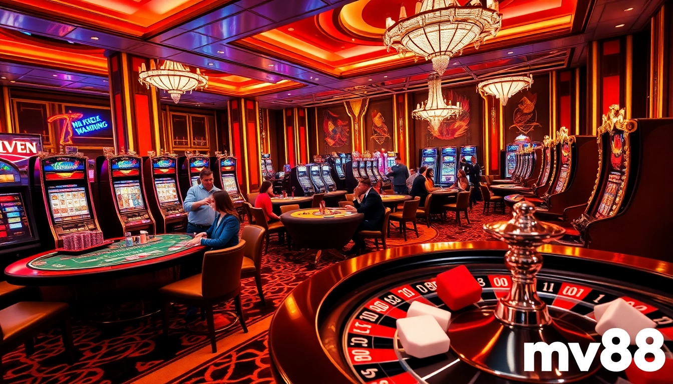 Experience the thrill of mv88 gaming with vibrant casino tables and exciting slot machines.