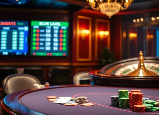 Experience the vibrant thrill of gambling at https://8live.date/ with poker chips and a roulette wheel.