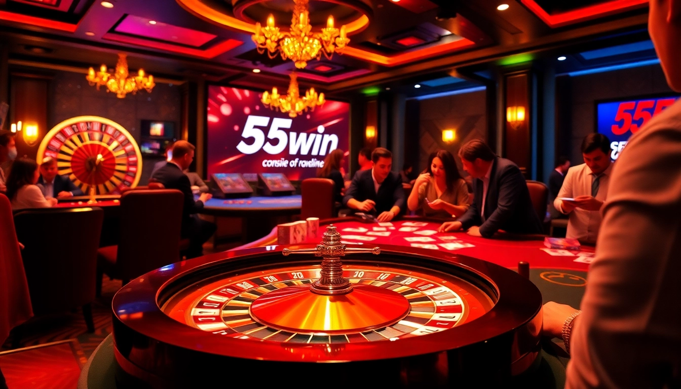 Experience thrilling gameplay at 555win com with vibrant casino tables and poker chips.