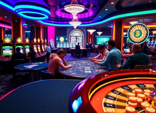 Experience thrilling games at crypto casinos with vibrant poker tables and slot machines.