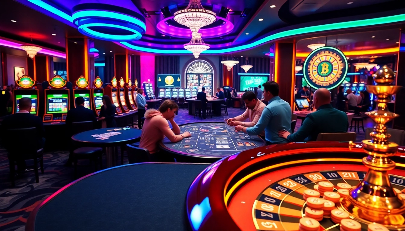 Experience thrilling games at crypto casinos with vibrant poker tables and slot machines.