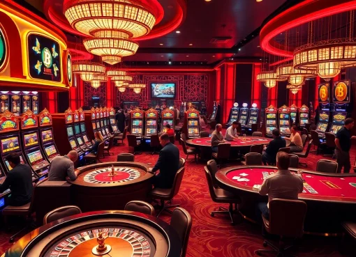 Players enjoying thrilling experiences at Bitcoin casinos with bright slot machines and poker tables.