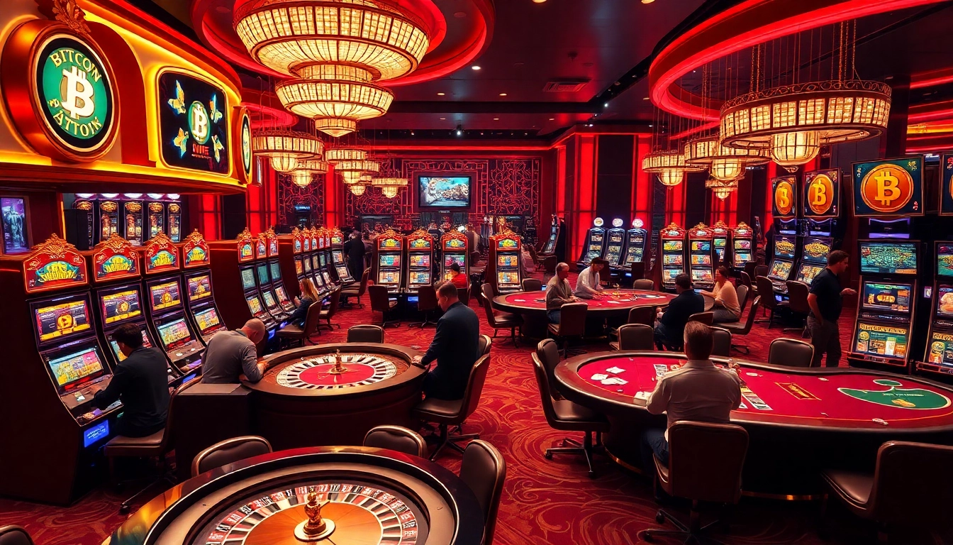 Players enjoying thrilling experiences at Bitcoin casinos with bright slot machines and poker tables.