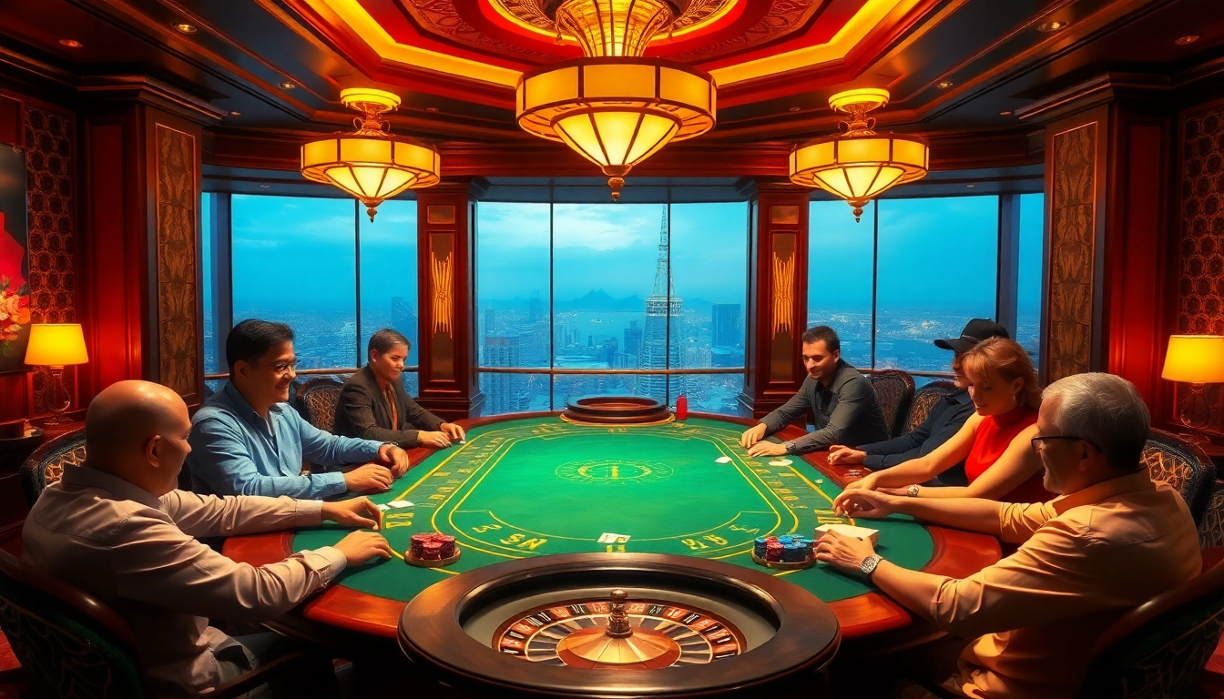 Nohu-themed casino table with players engaged in an intense poker game, set against an elegant backdrop