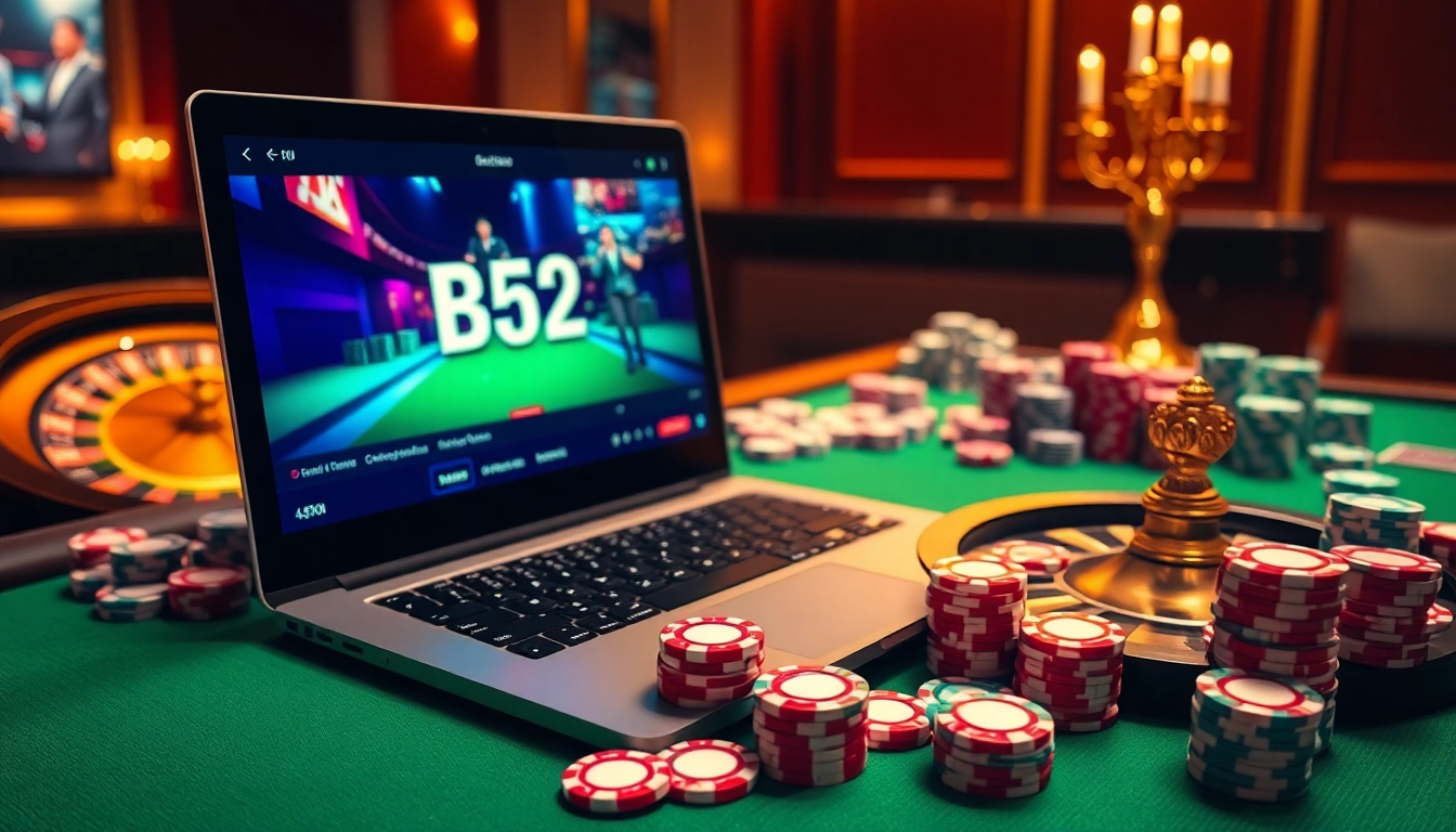 The vibrant online gambling interface of https://b52.moe/ displayed on a laptop amidst colorful casino elements, inviting excitement.