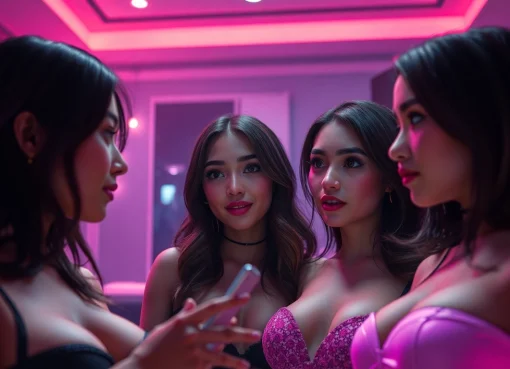 Engaging scene of AI NSFW chat character interaction in a soft, intimate virtual environment.