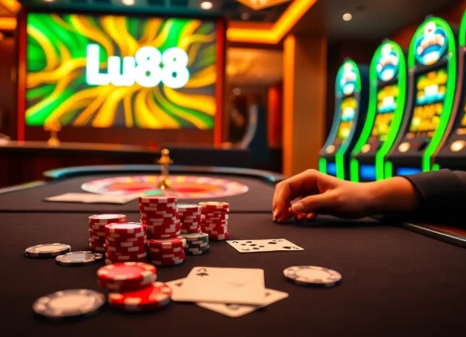 Lu88 casino scene featuring poker chips and a roulette wheel capturing the excitement of gambling.