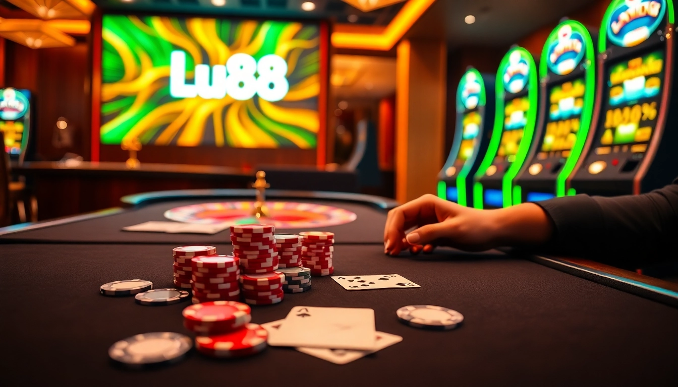 Lu88 casino scene featuring poker chips and a roulette wheel capturing the excitement of gambling.