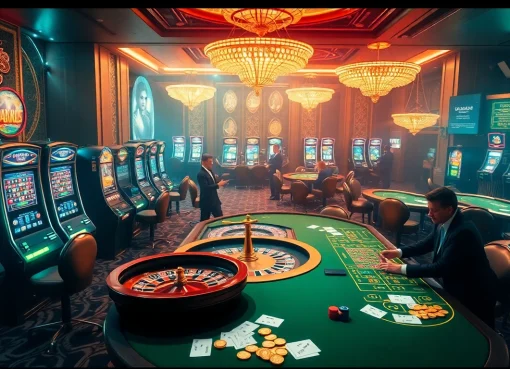 Players enjoying a thrilling night at GK88.COM casino with vibrant slot machines and poker tables.