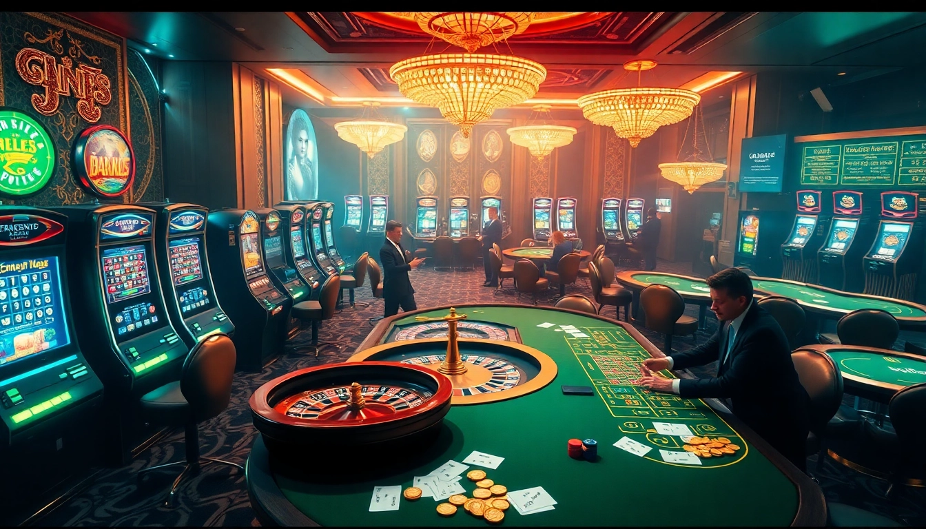 Players enjoying a thrilling night at GK88.COM casino with vibrant slot machines and poker tables.