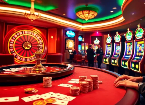 Engaging players enjoying games at Bitcoin casinos with vibrant slots and elegant poker.
