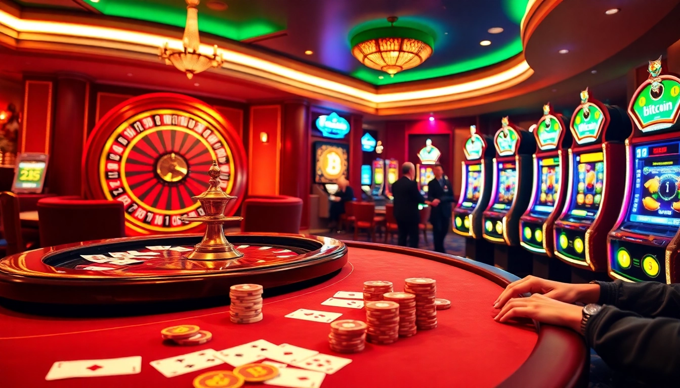 Engaging players enjoying games at Bitcoin casinos with vibrant slots and elegant poker.