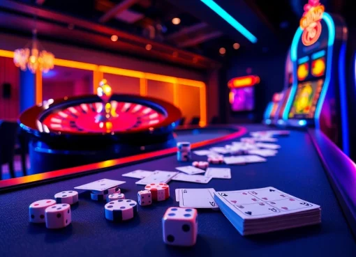 Siu88 casino environment featuring vibrant tables, chips, and a roulette wheel in an exciting gaming space.