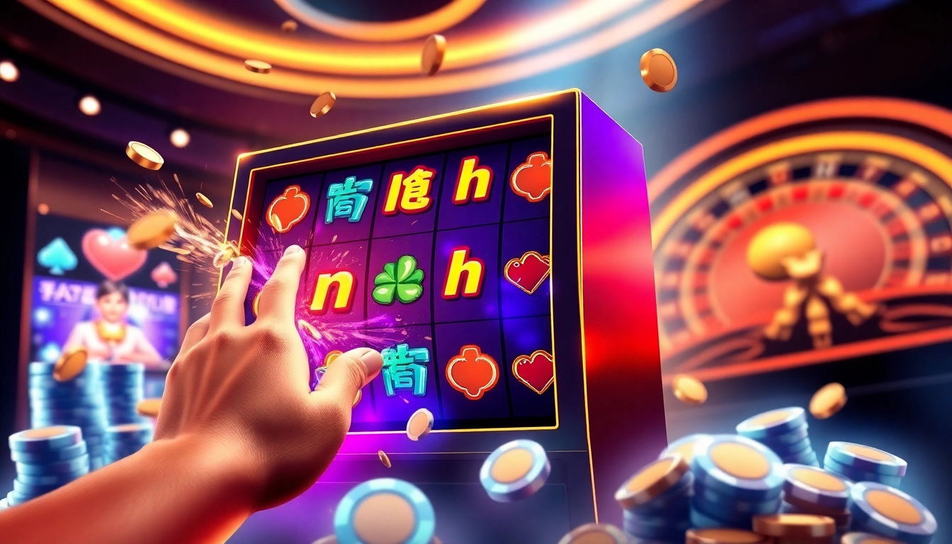 Nổ hũ slot machine featuring a player spinning for big wins in a vibrant casino atmosphere.