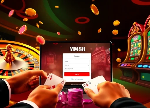 mm88 đăng nhập with vibrant casino elements like roulette wheel and poker chips.
