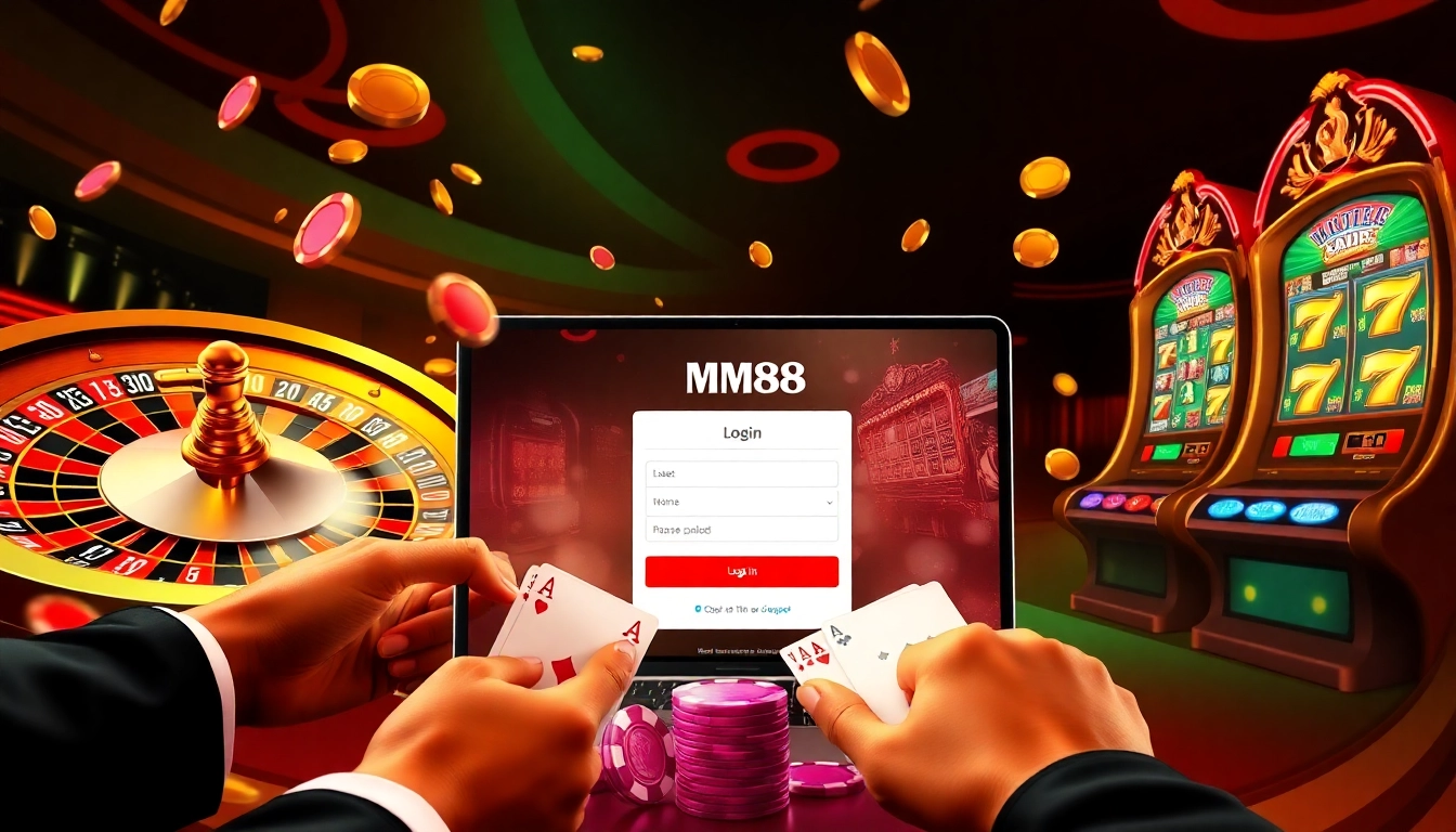 mm88 đăng nhập with vibrant casino elements like roulette wheel and poker chips.