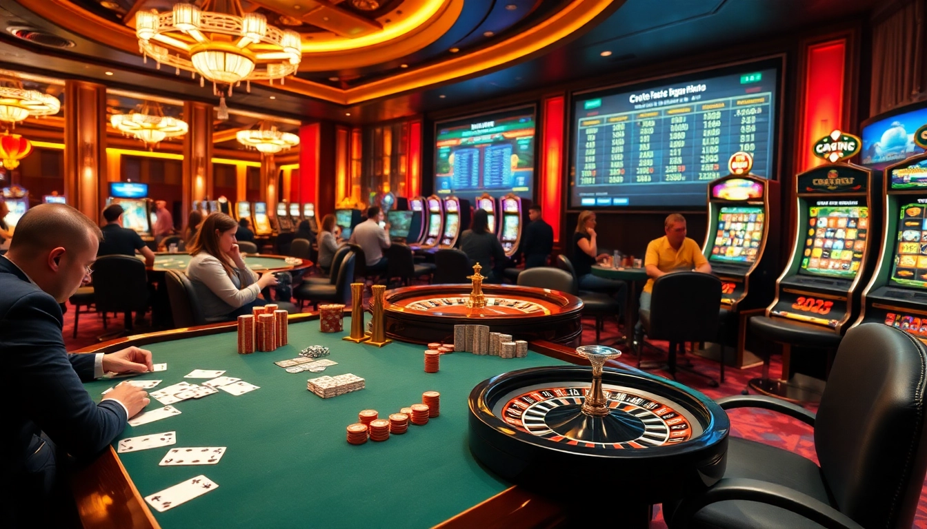 Ambiance palpitante des casinos crypto avec des tables de poker, des machines à sous et des éléments de jeu en ligne.