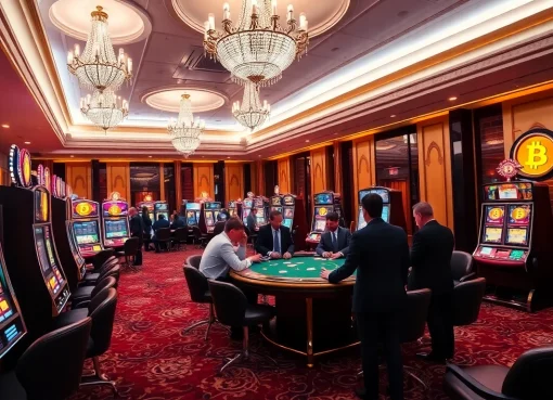 Exciting scene at Bitcoin casinos showcasing vibrant slot machines and engaged players around a poker table.