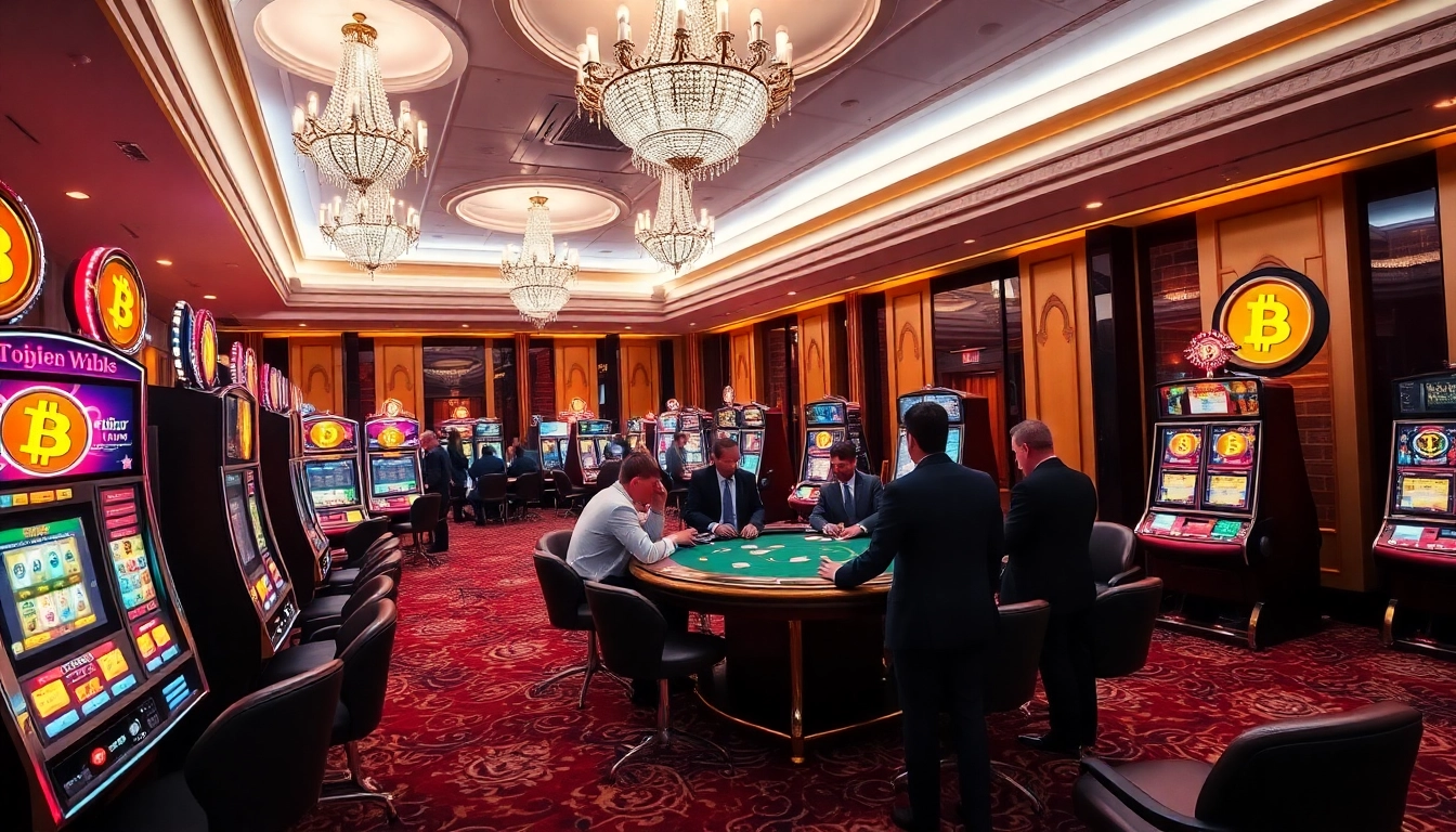 Exciting scene at Bitcoin casinos showcasing vibrant slot machines and engaged players around a poker table.