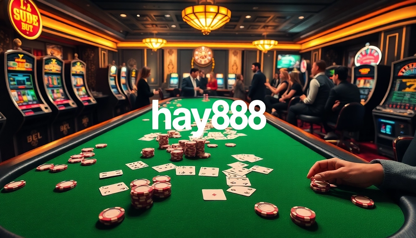 Play at the luxurious hay88 casino with colorful chips and a lively poker game ambiance.