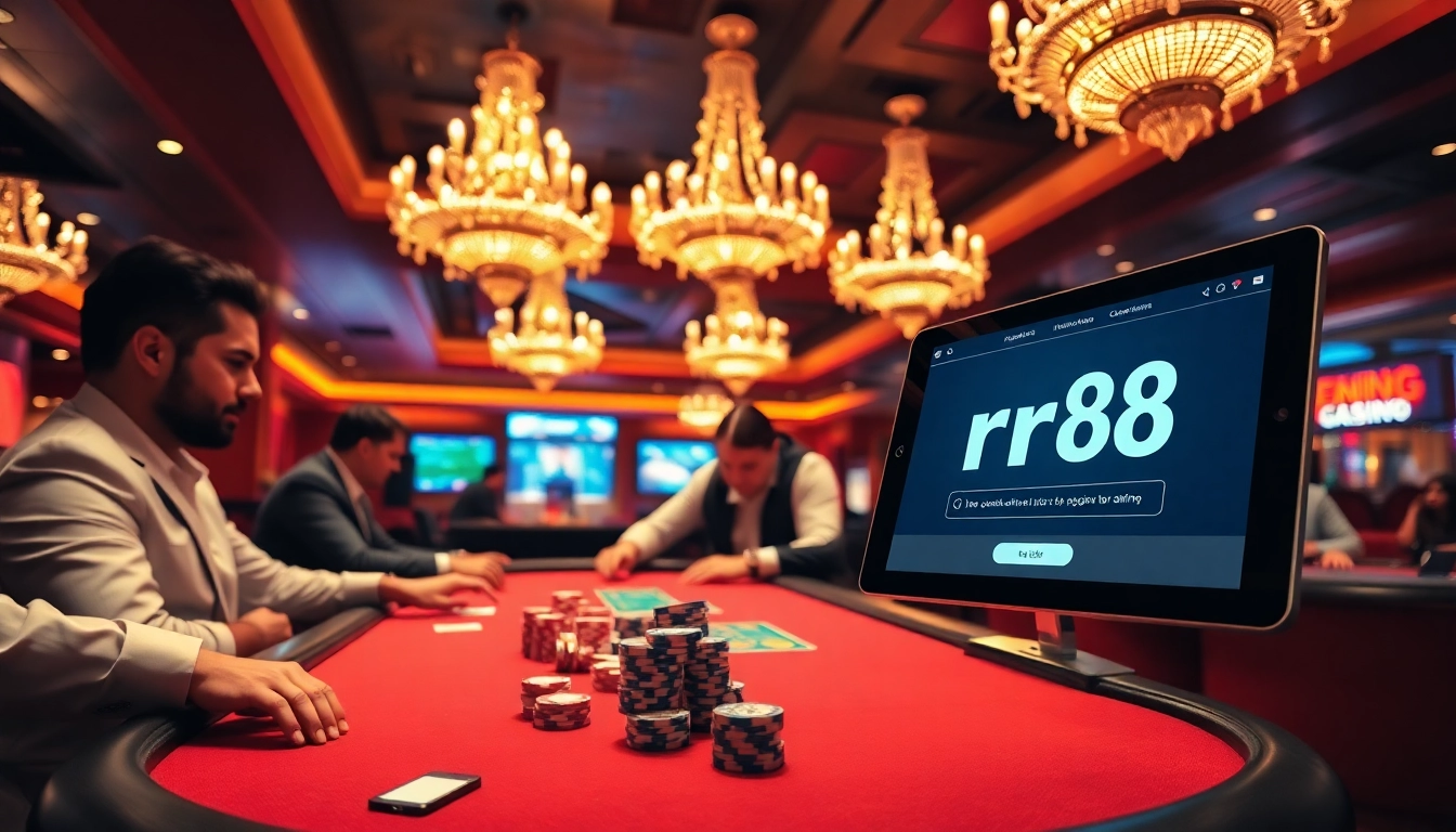 Players enjoying a game at the casino with the rr88 link prominently displayed on a tablet.