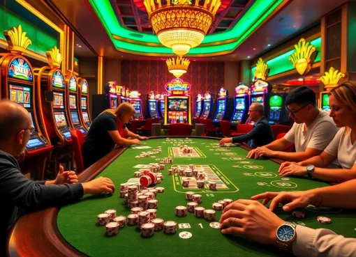 Experience the excitement of u888 com with vibrant casino scenes showcasing poker and slot games.