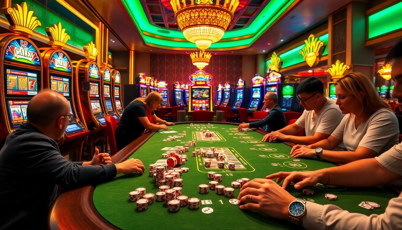 Experience the excitement of u888 com with vibrant casino scenes showcasing poker and slot games.