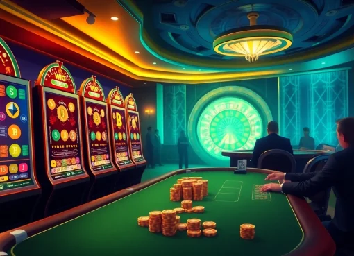 Experience the excitement of crypto casinos with players at engaging games and vibrant slot machines.