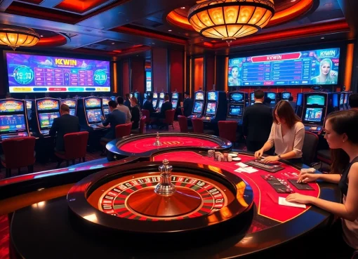KKWIN players excitedly engaging at a luxurious casino roulette wheel and poker table.