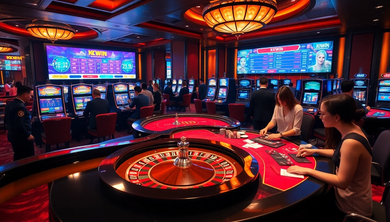 KKWIN players excitedly engaging at a luxurious casino roulette wheel and poker table.