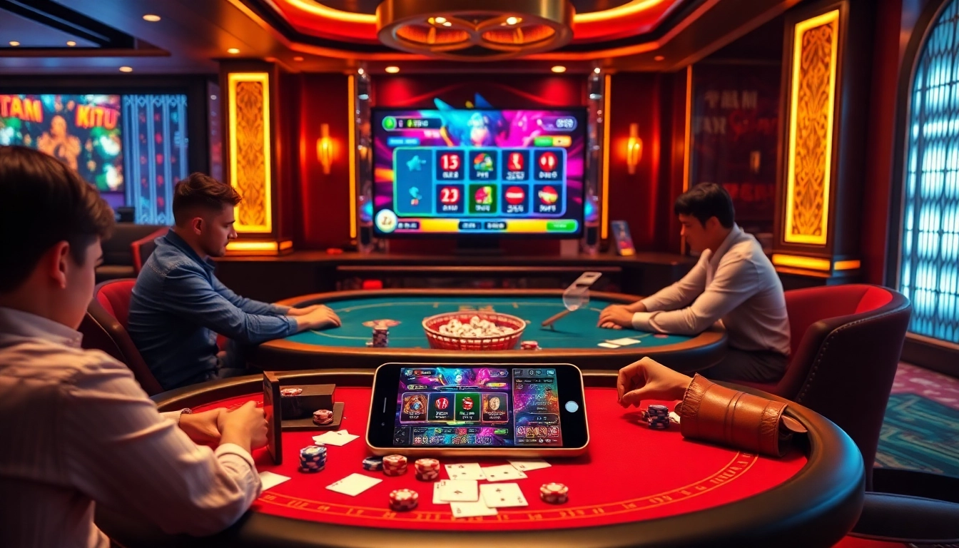 Players experiencing app tài xỉu online thrill at a luxury casino table filled with dice and chips.