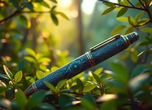Showcasing a unique third eye dmt pen amidst vibrant foliage, highlighting its intricate psychedelic design.